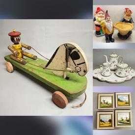 MaxSold Auction: This online auction features antique chairs, natural wood sculptures, McCoy pottery, art glass, art pottery, oil lamps, Royal Doulton figurine, teacup/saucer sets, perfume bottles, Art Deco Beswick, vintage toys, art games, antique vanity, and more!
