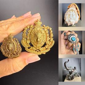 MaxSold Auction: This online auction features antique brass collectibles, antique flutes, antique carved sculptures, antique cloisonne, antique Foo Dogs, antique decorated headdress, antique oil paintings, art glass, perfume bottles, Folio Society books, Indigenous artwork antique inkwells, antique Japanese scrolls, vintage harmonica, coins, tokens, silver, gold & costume jewelry, military badges, art pottery, loose gemstones, watches, Patrick Nagel prints, decorative plates, outerwear, Waterford crystal, and much, much, more!!!