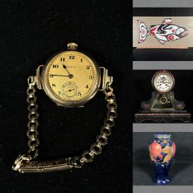 MaxSold Auction: This online auction features cloisonne, snuff bottles, Roseville pottery, soapstone carvings, Indigenous artwork, rock sculptures, Moorecroft, antique iron, Meerschaum pipe, character mug, inkwells, antique mantle clock, thimble collection, vintage tins, watercolour paintings, oil paintings, copper art, ukelele, antique mantle clock, model kits, costume jewelry, and more!