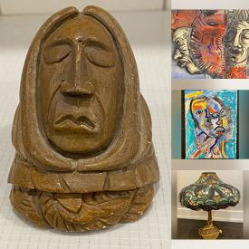 MaxSold Auction: This online auction features art glass, Carnival glass, MCM Redware pottery, Linda Crabtree paintings, stained glass lamp & panels, blue & white dishware, Blue Mountain pottery, MCM Laurentian pottery, wood sculpture, soapstone carvings, Wyatt Art pottery, elephant collection, cloisonne, E Gils paintings, Trisha Romance prints, quilt, costume jewelry, sports collectibles, coins, banknotes, Ioyan Mani artwork, and more!