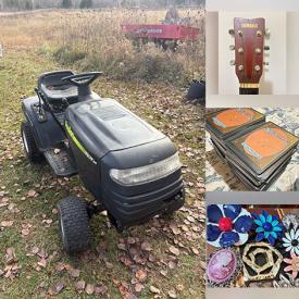 MaxSold Auction: This auction features Riding Mower, Costume Jewelry, Garden Tools, Snowblower,  Plush Toys, Neckties, Boardgames, Baseball Hats, Boombox, Kitchenware, Camera,  Trading Cards, Planters, Pyrex Percolator, Blankets, Drapes, Guitar, Ukulele,  Computer Monitor   and much much more!