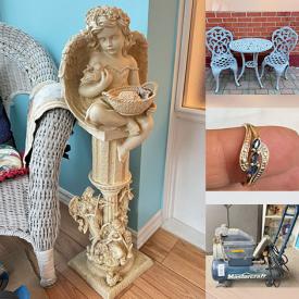 MaxSold Auction: This online auction features desk & chair, pet products, TVs, sewing machines, stitching machine, fabric, home electronics, gold, silver & costume jewellery, yarn, craft supplies, women’s clothing &  footwear, original artwork, watches, patio furniture, BBQ grill, chiminea, garden tools, planters, lawnmower, decorative teapots, wicker furniture, garden art, room divider, small kitchen appliances, CDs, power & hand tools, fitness gear, vinyl records, futon, air compressors, decanters, cookie jars, bike, chainsaw, stained glass light, games, pressure washer, and more!