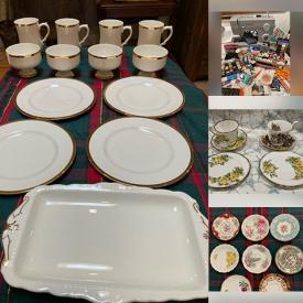 MaxSold Auction: This online auction features teacup/saucer sets, sewing machine, sewing supplies, watches, office supplies, desk, small kitchen appliances, vinyl records, and more!