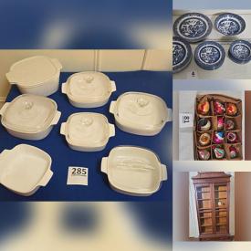 MaxSold Auction: This online auction features antique bookcase, Blue Willow china, depression glass, Hoselton sculptures, mantle clock, oil lamp, metal sculptures, vintage bottles & tins, Le Creuset, McCoy pottery, wood carvings, souvenir plates, small kitchen appliances, art glass, brass collectibles, antique irons, vintage oil lamps, McCoy pottery, Redware pieces, cast iron wall anchors, telescope, celebrity photos, golf clubs, DVDs, CDs, sewing machines, floor lamps, crafting supplies, and more!