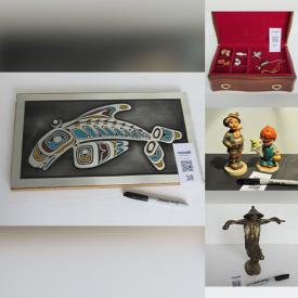 MaxSold Auction: This online auction features floor vases, art glass, Roseville pottery,  Wolf Originals, Goebel figurines, Indigenous art, trinket boxes, miniature tea set, antique plates, vintage tins, decanter, outerwear, women’s footwear, silver & costume jewelry, perfume bottles, games, and more!