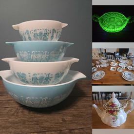 MaxSold Auction: This online auction features vintage dessert stands, vintage teapots, art pottery, watches, vintage Beauceware, depression glass, small kitchen appliances, teacup/saucer sets, vintage ashtrays, jadeite, art glass, costume jewelry, vintage snowshoes, uranium glass, vintage Pyrex, and more!