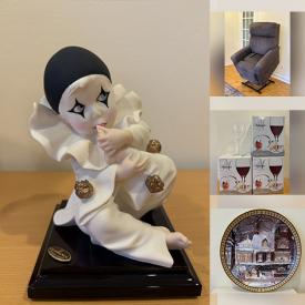 MaxSold Auction: This online auction features power lift recliner, TV, exercise equipment, Guiseppe Armani figurines, collector plates, art glass, small kitchen appliances, outerwear, wooden figurines, office supplies, Halloween costumes, patio chairs, teak platform bed, desk, area rugs, floor lamps, women’s clothing, party supplies, snorkel fins, and more!