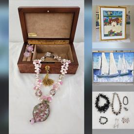 MaxSold Auction: This online auction features Agnes Copeland print, rattan/glass table, tufted headboard, dining table & chairs, Lucite sculpture, banana leaf plates, coastal art, brass collectibles, art glass, decanter, vintage chandelier, photographic metal prints, bike, patio furniture, mirrors, planters, garden art, sterling & costume jewelry, watches, and more!