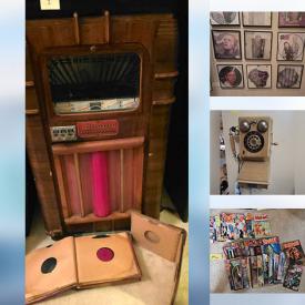 MaxSold Auction: This auction features Seeburg Jukebox, Framed LPs, Picture Disks, Lamps, MCM Bedroom Furniture, Framed Prints, Books, CDs, Collector Dolls, Office Supplies, Fitness Gear, Kitchen Appliances, Rugs, Candleholders, Curio Cabinet, Souvenirs, Comics, DVDs, Boots, Storage Units, Tools and much much more!