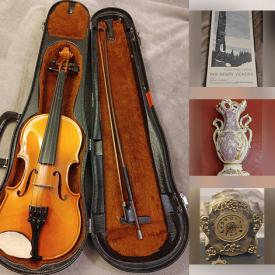 MaxSold Auction: This online auction features vintage violin, sports trading cards, art glass, vinyl records, table lighter, vintage biscuit jar, watches, teacup/saucer sets, vintage floor vase, Satsuma vase, wood carvings, Mexican Folk Art, mudmen figurines, Blue Mountain pottery, art pottery, stone sculptures, Royal Doulton figurine, costume jewelry, vintage ashtrays, sports collectibles, Toby jugs, vintage Sastuma, vintage bottles & tins, decanters, games, vintage vanity set, and much more!!