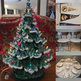 MaxSold Auction: This online auction features teacup/saucer sets, buffet, display cabinet, floor & table lamps, MCM chairs, games, vinyl records, DVDs, ceramic light-up trees, vintage sports pennants, NIP die-cast cars, and more!