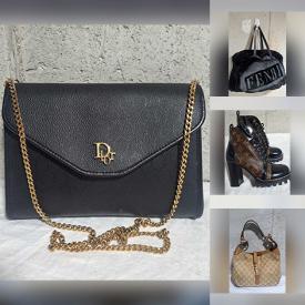 MaxSold Auction: This online auction features designer handbags & footwear, designer women’s clothing, watches, compacts, costume jewelry,  space age table lamps, MCM bar cart, spaghetti chairs, Dutch pottery, vintage Pyrex, Brutalist wall sculpture, ceramic flowers, art glass, Royal Haeger statue, cashmere scarves, and more