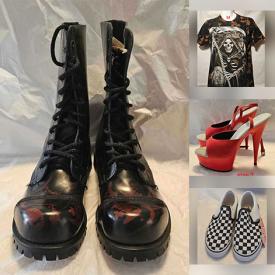 MaxSold Auction: This Commercial Liquidation Online Auction features new items, including men’s & women’s footwear, kids’ & infant footwear, belt buckles, chain wallets, skull bags, graphic t-shirts, leather jackets, sunglasses, framed posters, patches, stickers, and stained glass panels, Chinese paintings, and more!