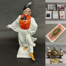 MaxSold Auction: This online auction features Tom Clark gnome sculptures, art glass, Toby jug, perfume bottles, Hummel, stone sculptures, costume jewelry, coins, banknotes, Asian wall art plaques, ginger jar, teacup/saucer sets, Chinese porcelain figurines, vintage Santini sculpture, art pottery, antique display cabinet, and more!