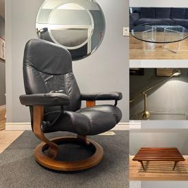 MaxSold Auction: This online auction features lucite & glass table, wall lamps, vintage Pyrex, chrome & glass tables, vintage cloisonne vases, balance scale collection, vintage standing ashtray, Ekornes lounge chair, and more!