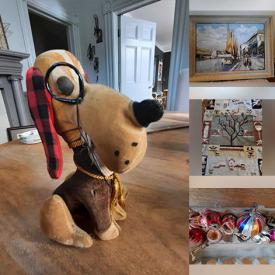 MaxSold Auction: This online auction features area rug, vintage tins, Lorraine Chien bear, antique glass Christmas ornaments, planters, Carlton ware, German pottery, MCM black glass table, and more!