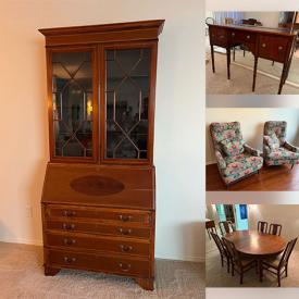 MaxSold Auction: This online auction features antique secretary, vintage dining table & chairs, vintage spinet desk & chair, marble top table, table lamps, TVs, mirrors, and more!