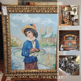 MaxSold Auction: This online auction features Drexel Coffee Table , Ornate Williamsburg Oval Wall Mirror, Italian made porcelain White metal coated candlesticks, Turkish pitcher, Mid Century Wall Starburst Clock, paintings signed Rita Derrick, Beanie Babies, copper coat of arms and much more!