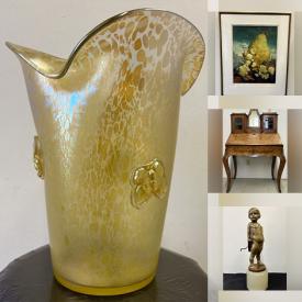 MaxSold Auction: This online auction features Mercedes Horne painting, Lorenzi sculpture, Art Deco & Art Nouveau sculptures art glass, antique ladies\' desk, Art Nouveau light fixture, Nathan Klein painting, antique stained glass lamp, Majolica pottery, rolling tool chest, hand tools, brass collectibles, pagoda table lamp, Royal Doulton figurine, vinyl records, vintage barrel jar, Toby jug, Indigneous artwork, and more!