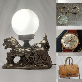 MaxSold Auction: This online auction features antique prints, art glass, Carnival glass, art pottery, vintage sunglasses, watches, collector spoons, silver, gold & costume jewelry, jerseys, vintage Art Deco table lamp, games, Swarovski figure, outerwear, designer handbags, and more!!