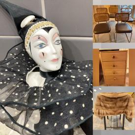 MaxSold Auction: This online auction features planters, art pottery, vintage tins, games, puzzles, Sara Kelly figure, wood wall masks, fabric, sewing machine, TV, perfume bottle, classic books, NIB tea set, Pierrot doll, miniature tea set, and more!