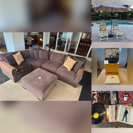 MaxSold Auction: This online auction features mirrored breakfront, vintage books, teapots, sectional sofa, TV, dining table & chairs, vinyl records, RC car, patio furniture, small kitchen appliances, bike, and more!