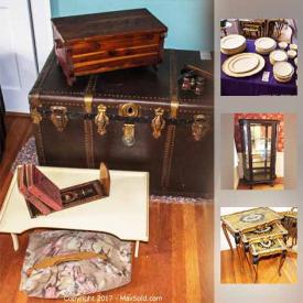 MaxSold Auction: This online auction features ANTIQUE: Eastlake side chairs, Singer treadle sewing machine in oak cabinet. VINTAGE: Hitchcock chair; handmade cherry table; needlepoint footstools; sheet music; vanity set; side tables; mahogany desk and chair; steak knives; Parisian painted wastepaper basket; art; toys; Singer button holer; 3-door cabinet; rattan side table; rolling bear and duck rocker; copper steamer with lid; Formica-topped metal kitchen table; jewelry. FURNITURE: MCM; mahogany; dining room table; French provincial couch; Mission style entertainment cabinet. STERLING AND SILVER PLATE and much more!