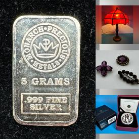 MaxSold Auction: This online auction features coins, banknotes, stamps, silver bullion bar, silver & costume jewelry, sports trading cards, watches, teacup/saucer sets, stained glass lamps, vintage stick pins, antique iron, games, and more!n