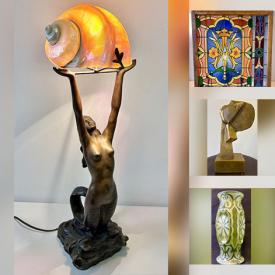 MaxSold Auction: This auction features  Bronze Sculpture, Stained Glass, Art Nouveau Lamp, Etched Glass, Figural Lamps, Paintings, Lamps. Art Glass, Leaded Glass Lamps, Pottery, Antique Photos, Piano Stool, LPs, Collector Plate  and much much more!
