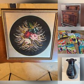 MaxSold Auction: This online auction features small kitchen appliances, milk glass, baskets, pots & pans, art pottery, teacup/saucer sets, decorative plates, decanters, Blue Mountain pottery, collector plates, soapstone carving, Royal Doulton figurine, Toby jug, office supplies, art supplies, area rugs, games, comics, vinyl records, CDs, printer, stereo components, storage tubs, cedar chest, golf clubs, vintage doll buggy, hand tools, desk, garden tools, and more!