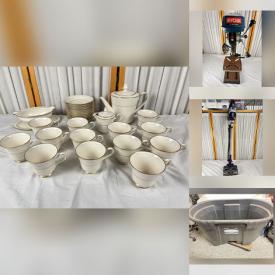 MaxSold Auction: This auction features Lamps, Drill Press, Patio Chairs, Small Kitchen Appliances, Dinnerware, Planters, Games, Storage Totes, Hardware, Mechanic Creeper and much much more!