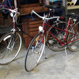 MaxSold Auction: Features bikes, Noritake 8 piece china set, Trammel mirror and pedestal, sled, croquette set, chest of drawers, bike rack, lamps, curio, records, globe lamp, Gordex overalls, mink, jewelry, motorcycle gear and more!