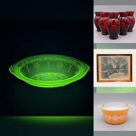 MaxSold Auction: This online auction features uranium glass, depression glass, ruby red glass, vintage Pyrex, mantle clocks, Nao figurine, antique Fenton glass, art glass, Ben Babelowsky artwork, needlepoint tapestries, crystal flutes, vintage brass table lamps, insulators, video games, puzzles, Jadeite bowls, and more!