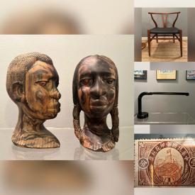MaxSold Auction: This online auction features mirrored window frames, wood carvings, antique book, postmodern tube lamp, antique Redware, sports collectibles, stamps, vintage snowshoes, antique balance scales, MCM chair, and more!n