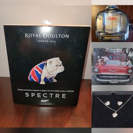 MaxSold Auction: This online auction features Swarovski jewelry, costume jewelry, Royal Doulton figurine, vintage tabletop jukebox, vinyl records, sports trading cards, Transformer collectibles, Pokémon collectibles, game, Lego kits, NIB wall sconces, and more!