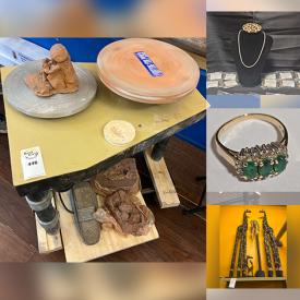 MaxSold Auction: This online auction features gold & costume jewelry, scarves, buffalo hide sandals, door curtains, disco balls, winter hats, clothing, tapestries, Mexican blanket, dreamcatchers, hammocks, pottery wheel, leather jackets, stereo system, musical instruments, art glass, Dashiki shirts, windchimes, mini fridge, small kitchen appliances, camera, worry dolls, sewing machine, Sue Coleman art, and more!