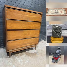 MaxSold Auction: This online auction features MCM dressers, Depression glass, pet products, pet products, MCM sling chairs, fitness gear, silver & costume jewelry, comics, watch, BBQ grill, power & hand tools, stackable washer/dryer, games, J. Garcia neckties, decorative teapots, garden tools, patio furniture, barstools, power washer, bike, stained glass lamps, golf clubs, iMac computer, printers, home electronics, TV, mobility scooter, area rug, portable AC unit, outerwear, graphic t-shirts, women’s clothing, crocks, vinyl records, vintage books, vintage glass shoe collectibles, and much, much, more!!!