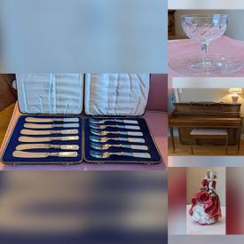 MaxSold Auction: This online auction features Royal Doulton figurines, Blue Mountain Pottery, crystal ware, teacup/saucer sets, brass collectibles, decorative plates, collector bells & spoons, mandolin, banjo, upright piano, vintage dining table & chairs, and more!