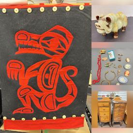 MaxSold Auction: This online auction features wood carvings, brass collectibles, Indigenous art, cloisonne vase, Toby mugs, antique firescreen, Jasperware, art glass, jadeite, Red Rose figures, crocks, Mottoware pottery, gold, silver, & costume jewelry, watch, Chinese soapstone carving, metal wall art, small kitchen appliances, air purifier, vintage Pyrex, area rugs, teacup/saucer sets, decanter sets, antique books, Depression glass, vintage smoking stand, coins, collector spoons, and more!