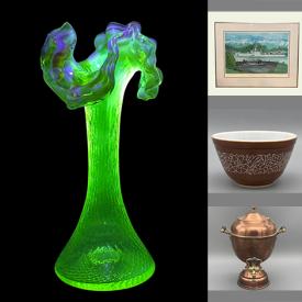 MaxSold Auction: This online auction features uranium glass, cranberry glass, art glass, Sadler vase, milk glass, carnival glass, cow creamers, Hummel-style plaques, Tomao prints, embossed metal plaques, Keirstead print, carved wooden plaque, religious artwork, vintage samovar-style, marigold glass, Depression glass, art pottery, vintage Pyrex, and more!