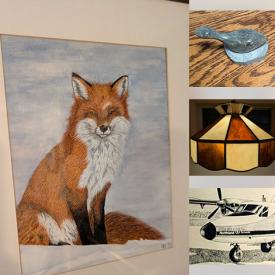 MaxSold Auction: This online auction features garden art, hand tools, NIB ceiling fan, rattan table & chairs, folk art sculpture, loon carvings, metal art, TV, stained glass lamp, Lennox bird collection, soapstone carvings, small kitchen appliances, cedar chest, model planes, art glass, and more!