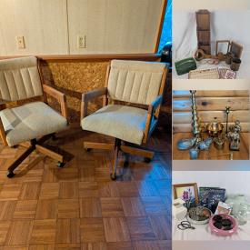 MaxSold Auction: This online auction features wicker furniture, cookie jar, vintage postcards, pewter animals, flower arranging supplies, art pottery, vintage barware, gluggle jug, costume jewelry, yarn, sad irons, puzzles, office supplies, MCM ceiling lights, vintage floor lamps, and more!