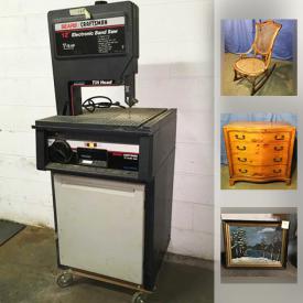 MaxSold Auction: This online auction features STERLING SILVER: Weighted serving pieces. VINTAGE: Tools; Furniture - 20's chifforobe, 30's dressers and bed, vanity chair; 33/45 rpm records; aluminum trivets; Pyrex; old wooden box. HANDMADE: Quilts. ART: Original, framed prints - including a Peter Max. CRYSTAL: Waterford. CHINA/CERAMIC: Royal Haegar bowl, Will George signed flamingos, Russel Wright pitcher, Sarah Conventry " Old Rose" 24 piece dish set, tea cup sets. Costume jewelry. And more!