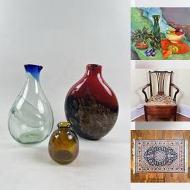 MaxSold Auction: This online auction features art glass, art pottery, MCM arc floor lamp, vinyl records, CDs, art supplies, antique lamps, vintage model boat, costume jewelry, area rugs, heaters, fishing gear, art books, TV, monitor, antique desk, antique blanket chests, DVDs, bar stools, McCoy pottery, cookie jar, small kitchen appliances, vintage Pyrex, soapstone figure, etchings, oil & watercolour paintings, art posters, and more!