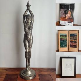 MaxSold Auction: This online auction features Star Wars collectibles, metal starburst wall art, cast iron bank, antique statue, cameras, Magic: The Gathering, Legos, banknotes, stamps, golf club shafts, stereo component, framed comic, art glass, antique wooden trolley, and more!