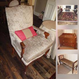 MaxSold Auction: This online auction features Duradeham Furniture solid wood desk, antique metal sleigh bed, custom-made upholstered sofa and drapery, metal coffee table with stone top, selection of lamps and hanging light fixtures, wood and rope chairs, Ironman elliptical, books and much more!