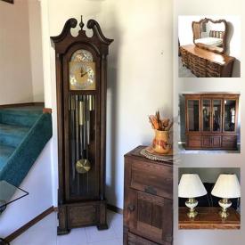 MaxSold Auction: This online auction features Mersman Tables, Grandfather Clock, Wood And Glass Tables, Lamps, Fruitwood Bedroom Set, Bassett Bedroom Set, Broyhill Sofa and Love Seat, Heat Surge Electric Fireplace, Rhythm Homer Laughlin Dinnerwear, Outdoor Cement Ducks, and much more!