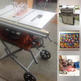 MaxSold Auction: This online auction features a SHOP TOOLS: Ridgid table saw, jigsaw, bench grinder, tile saw, cutters and supplies; Air-O-Matic compressor; electrical and plumbing supplies. Bowflex Threadmaster. Bicycles; camping; Golf clubs and cart. YARD AND GARDEN: Including LED Eiffel Towers. Honeywell and First Alert fire safes. ART: Dominican Republic and Peruvian; Vintage by HB Telfer; seashell art; signed and numbered by Rob Dunfield painting. COLLECTIBLE: Blue Mountain Pottery. CHINA: Tea cup sets; Paragon, Tuscan, Midwinter, Ridgeway and Delft and much more!