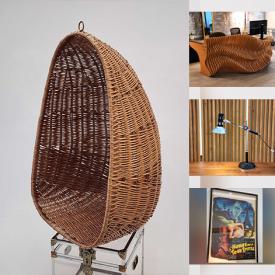 MaxSold Auction: This online auction features vintage room divider, vintage bottles, art glass, Eames chairs, floor vase, bar cabinet, metal wall art, art pottery, vintage marble dining table. MCM egg chair, adjustable podium, parametric reception desk, leather armchair, conference table & chairs, sputnik floor lamp, iron & wood wall units, antique teakwood mirrors, live plants, sectional sofa, folding tables, and more!