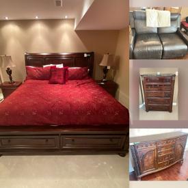 MaxSold Auction: This online auction features dining tables & chairs, metal sculptures, brocade sofa  & chair, floor vase, desks & chairs, side tables, exercise equipment, fitness gear, canvas art, leather furniture, lift-top tables, sleigh storage bed, art glass, men’s  & women’s clothing & footwear, and more!\n